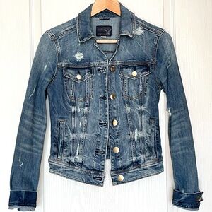 American Eagle Distressed Denim Jacket - Super Stretch Sz S Casual Boho Trucker